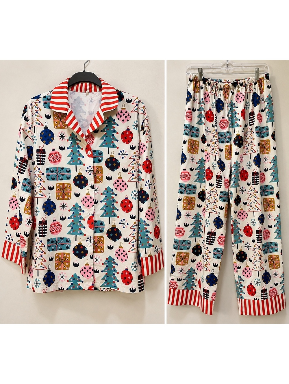 Women's Christmas Tree and Ornament Print Pajama Set with Red and White Stripe C
